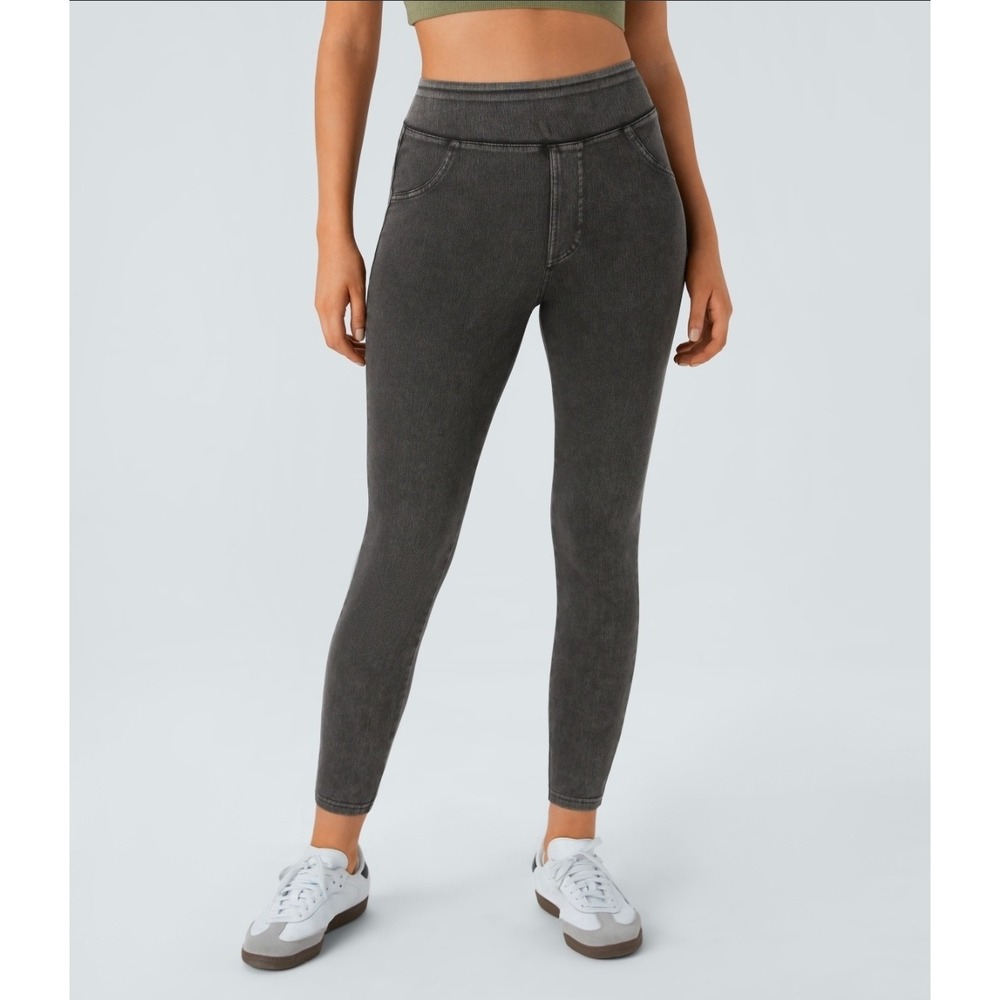 Halara Flex High Waisted Pocket Denim Casual Leggings Washed Black Grey Small